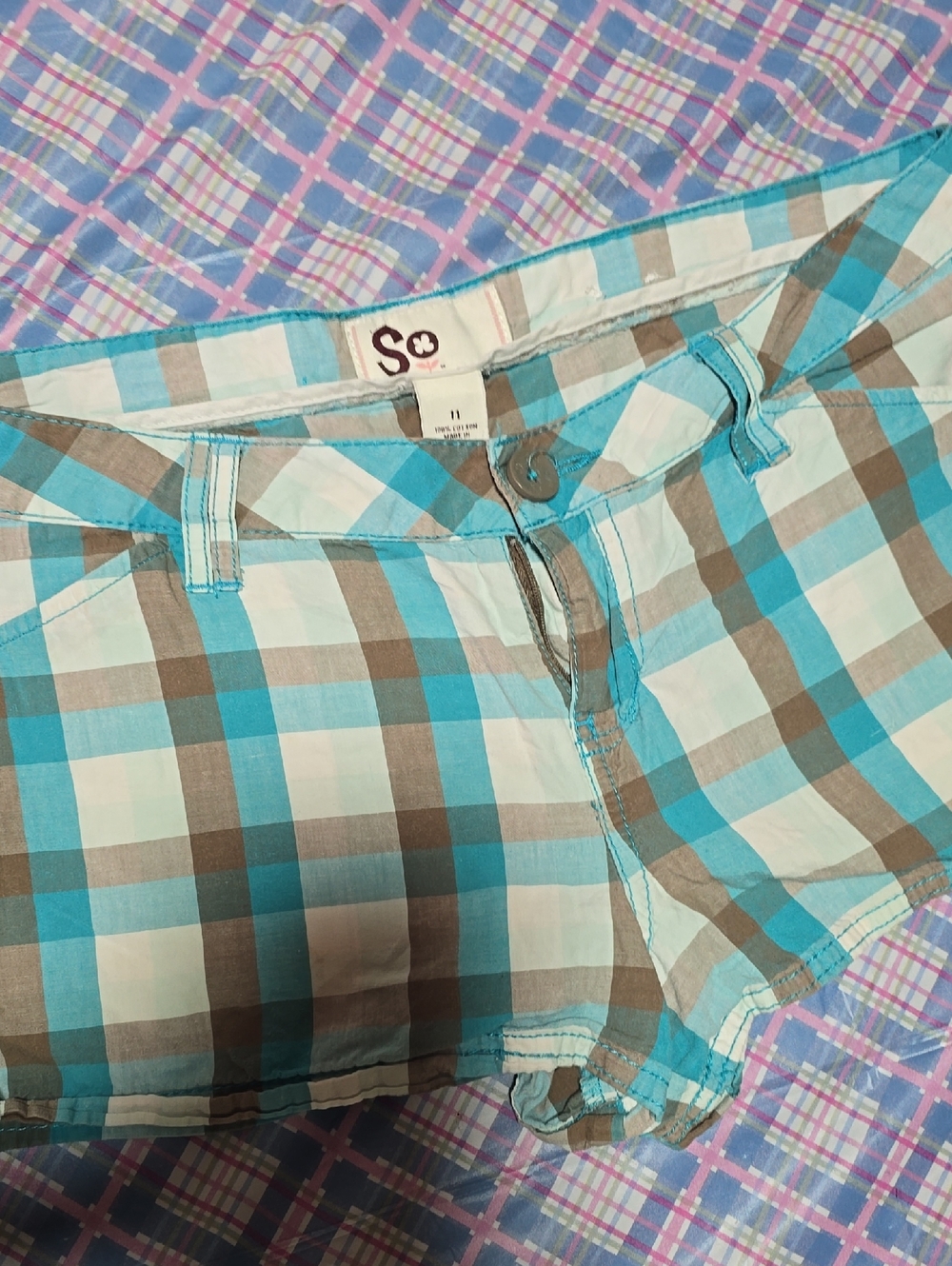 SO Plaid Jean Shorts in Aqua, Brown & White